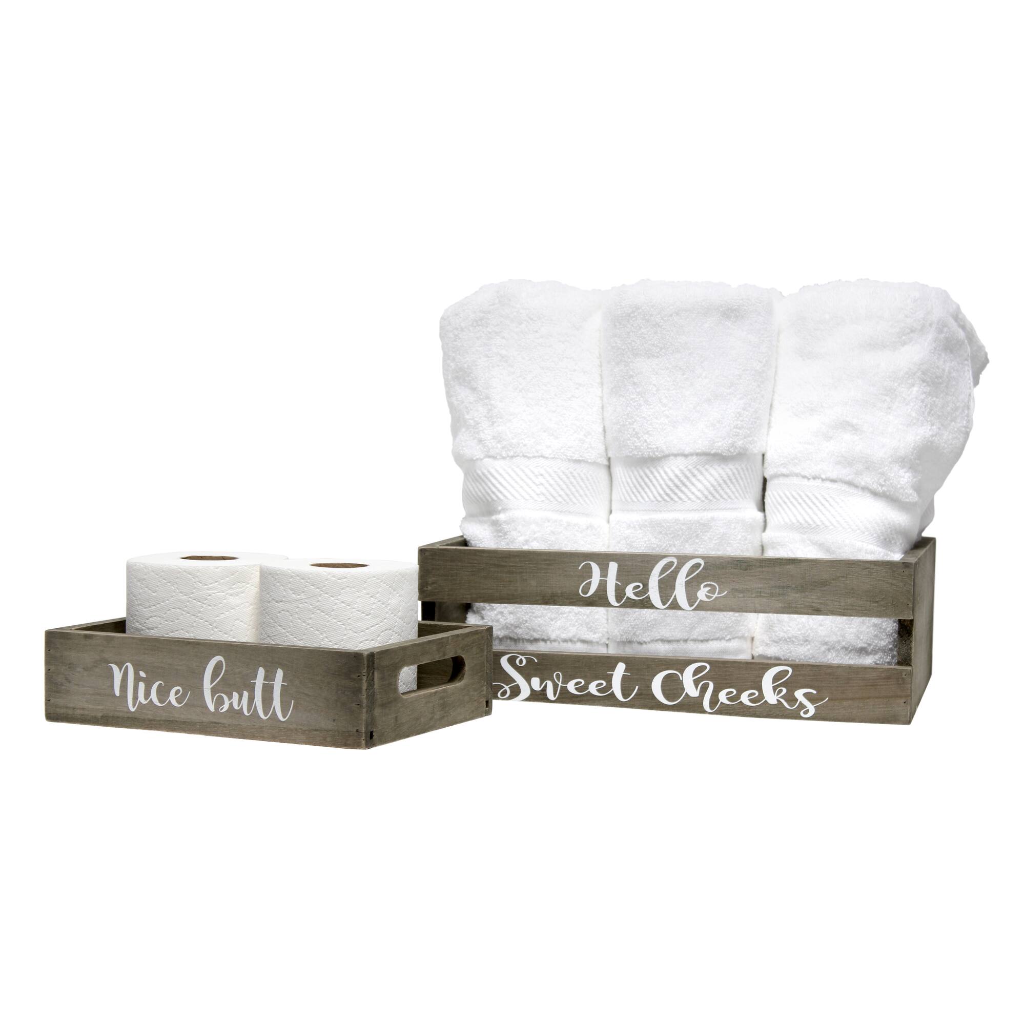 Elegant Designs Small Rustic Gray Cheeky Towel Holder, Frame & Toilet Paper Holder Set